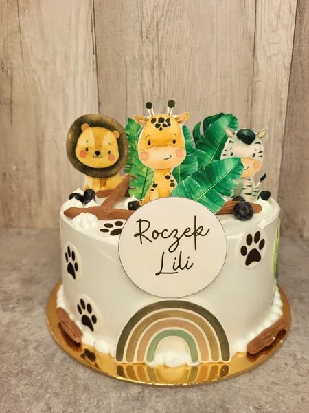 Tort na roczek w stylu safari z lwem, żyrafą, zebrą, liśćmi i tęczą boho, Słupno koło Radzymina